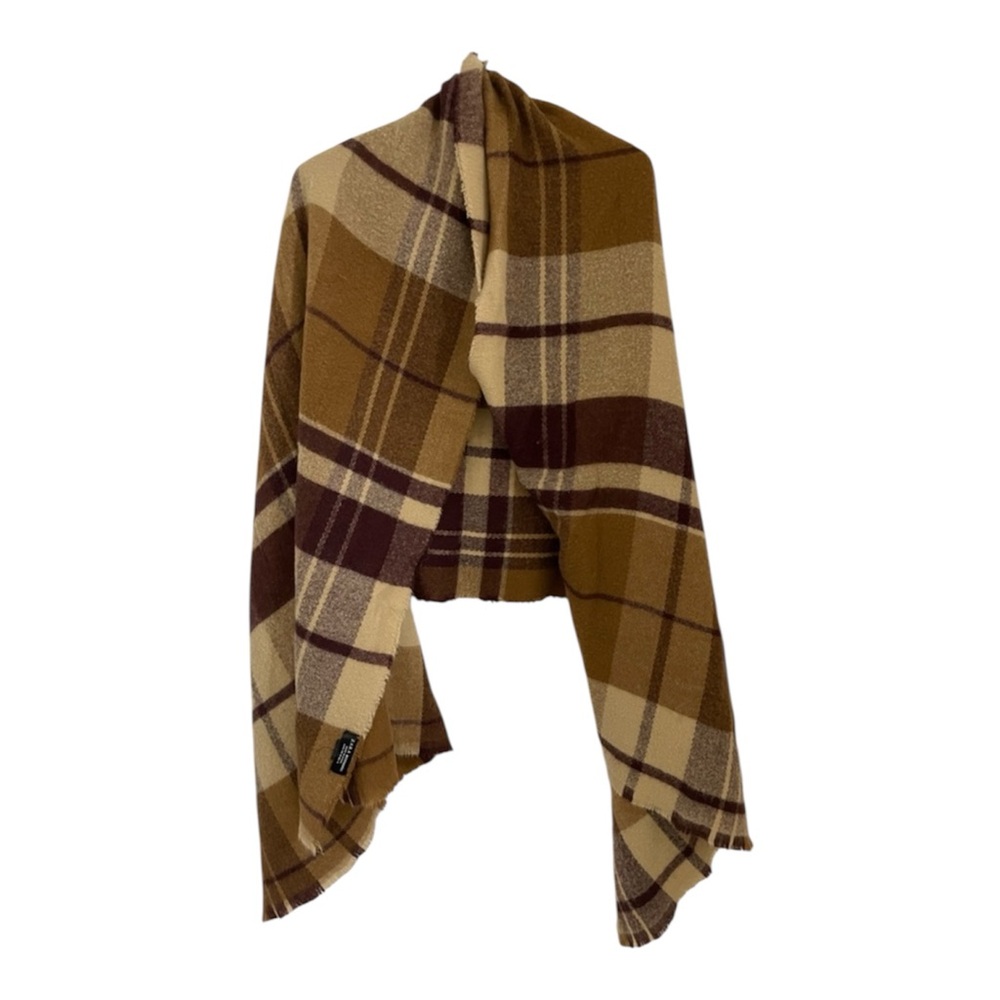 Zara Plaid Shawl in Brown and Cream Cozy Blanket Scarf Size Medium